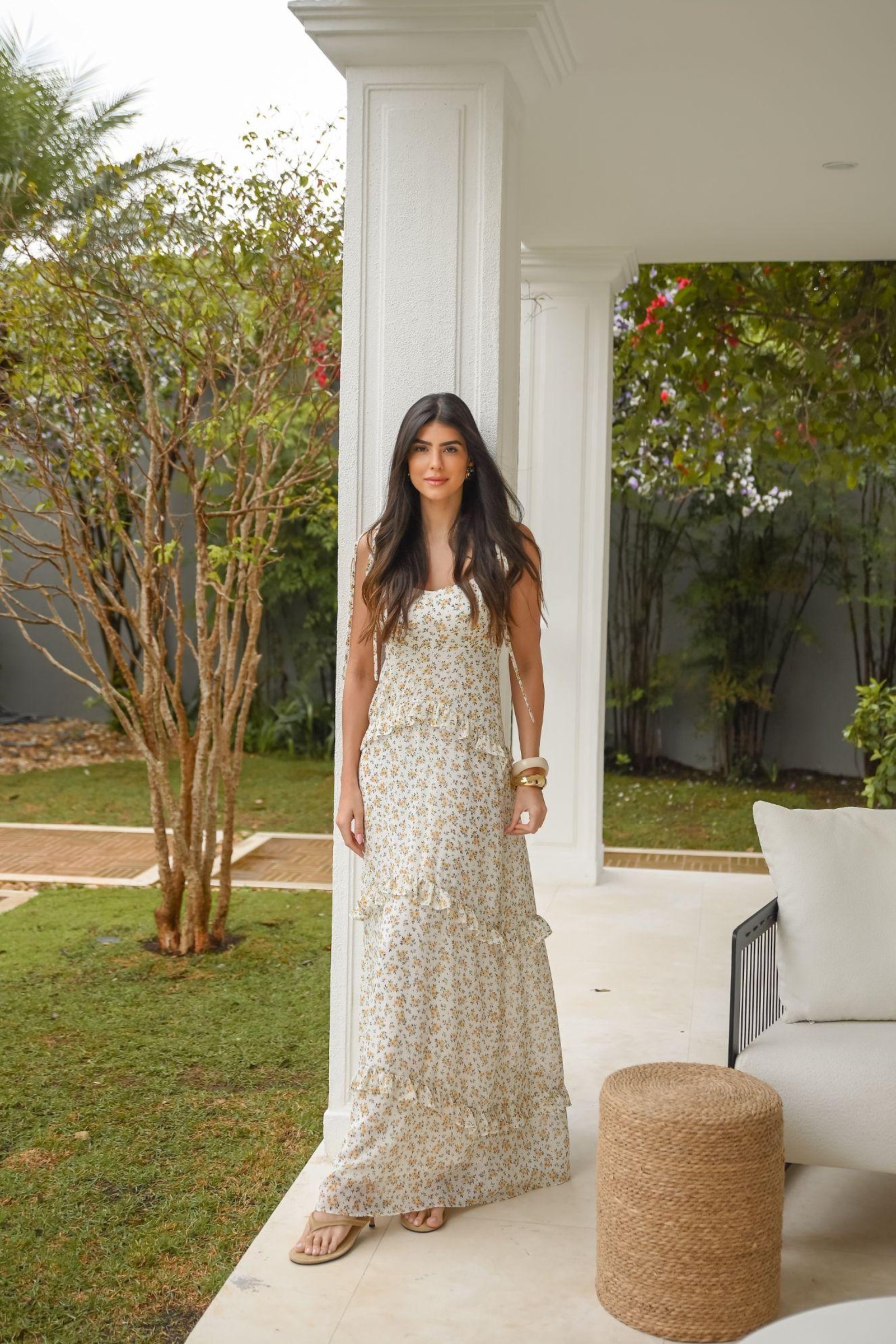 Vestido Longo com Babados e Estampa Liberty